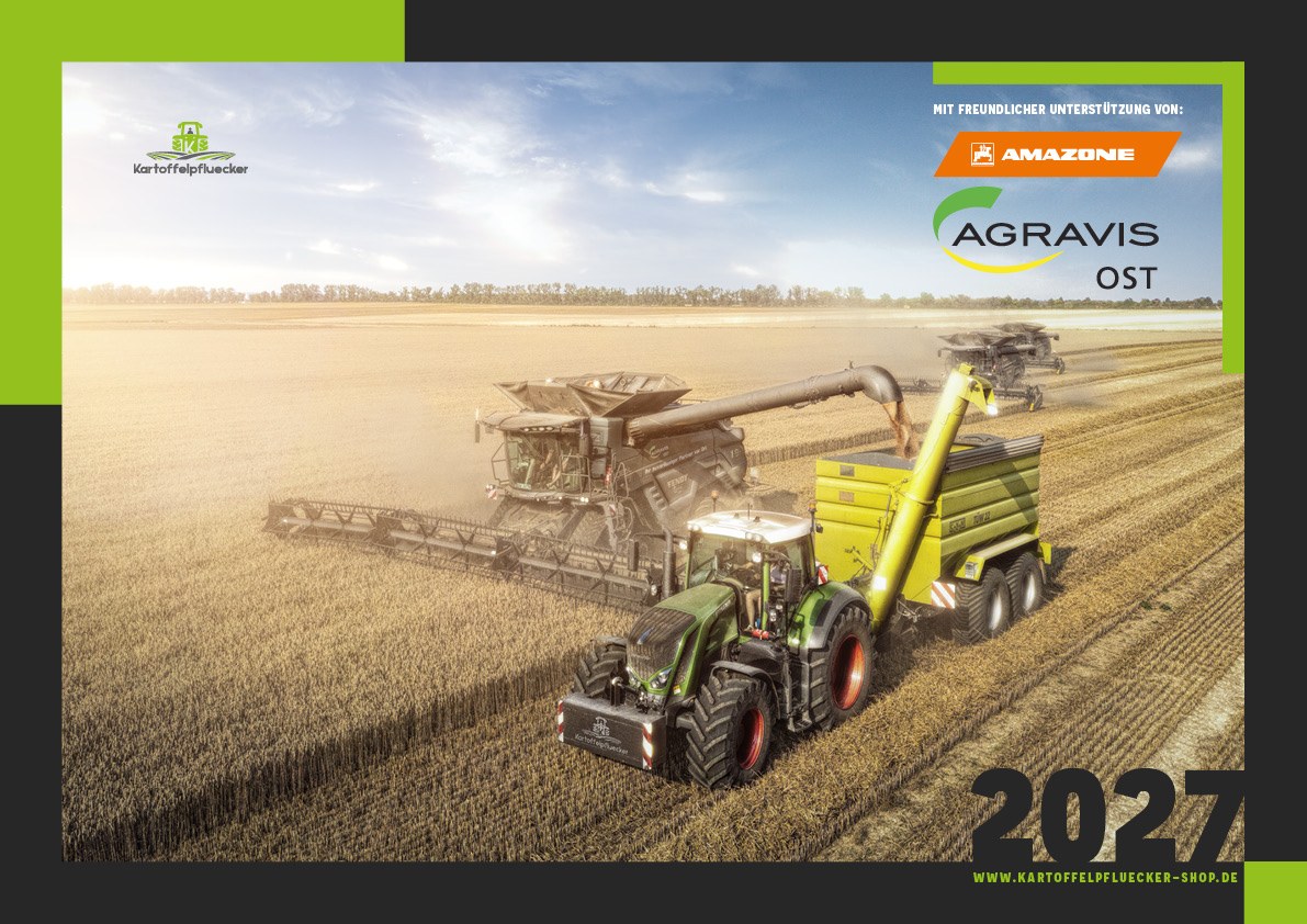 Titelbild des Kalenders 2027: Mähdrescher und Traktor mit Überladewagen bei der Getreideernte